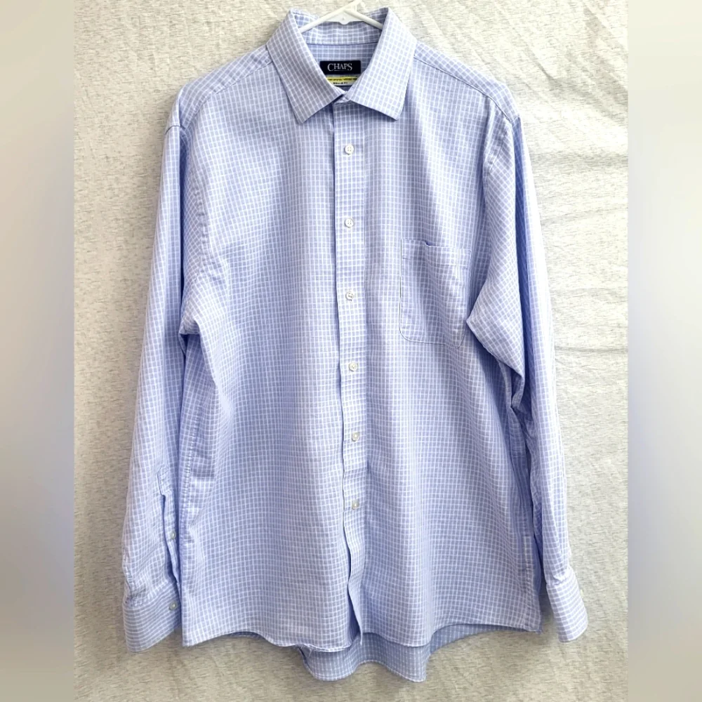 Chaps Men's Comfort Fit Wrinkle Free Blue/White‎ Plaid Dress Shirt Size 34/35